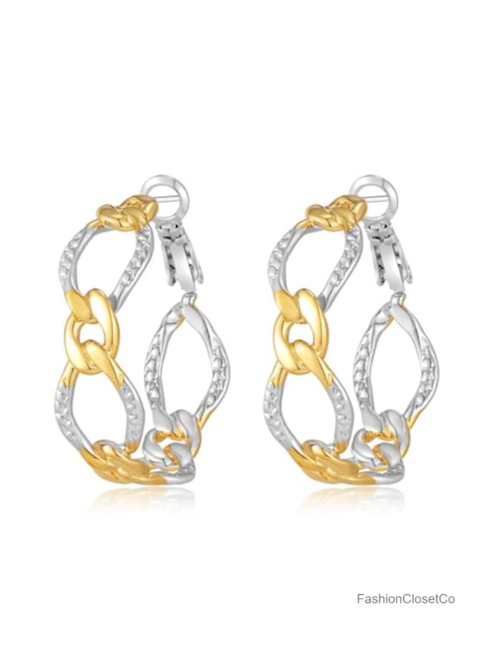 14K Gold Plated Two Tone Chain Link Drop Earrings Mixed Metal Hoop